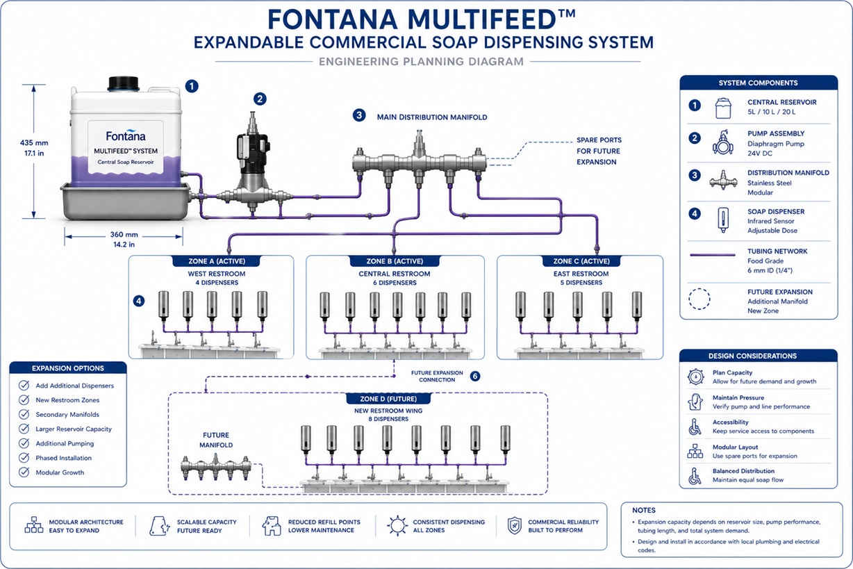 Fontana MultiFeed expandable commercial soap dispensing system engineering planning diagram